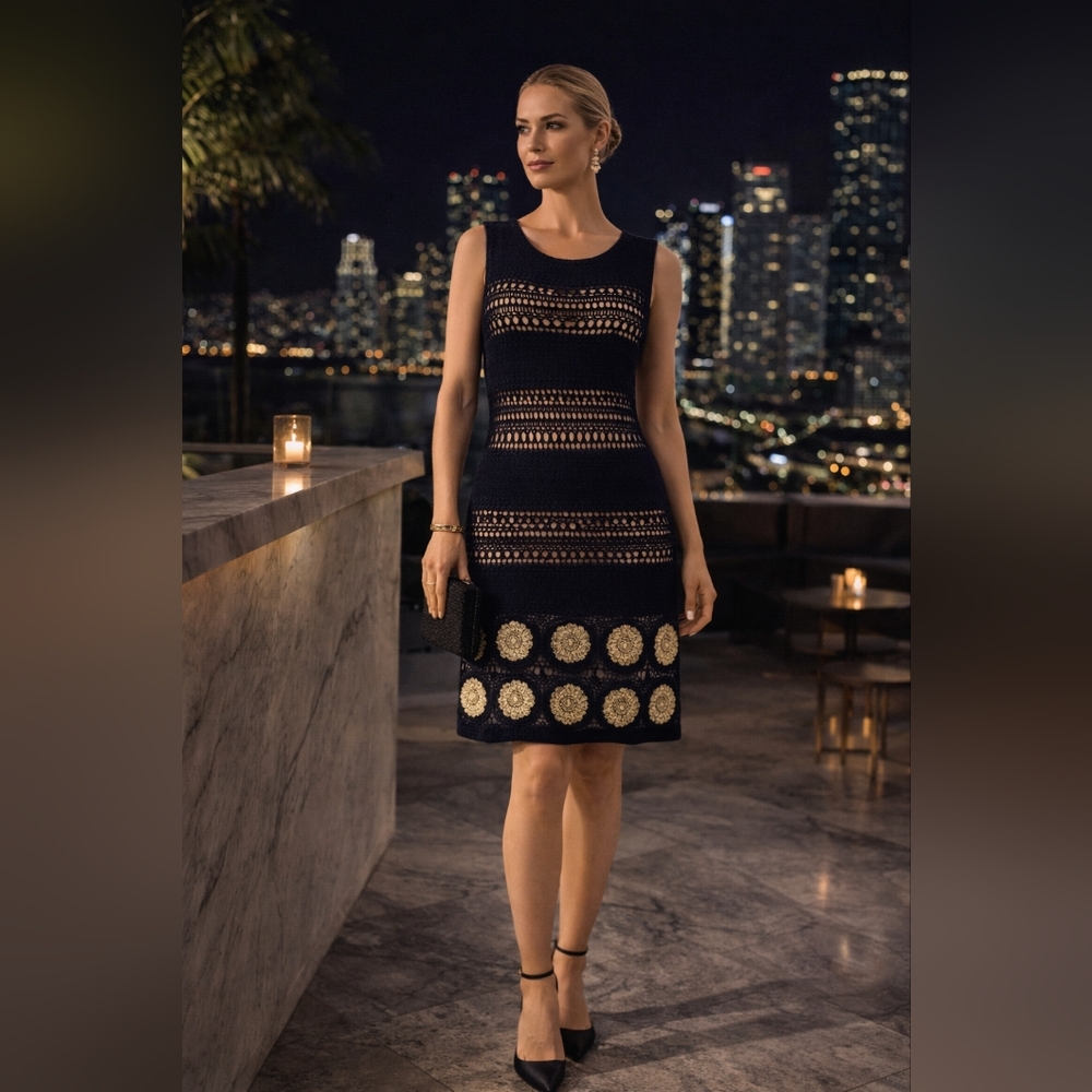 3.1 Phillip Lim Navy Crochet Sheath Gold Appliqué Designer Cocktail Dress - Picture 8 of 8
